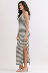 Faded Olive Striped High Neck Ribbed Maxi Dress