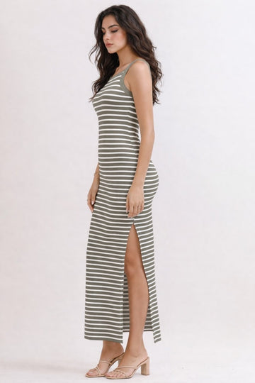 Faded Olive Striped High Neck Ribbed Maxi Dress