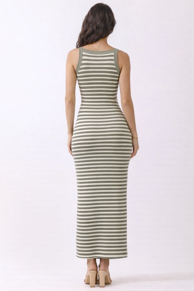 Faded Olive Striped High Neck Ribbed Maxi Dress