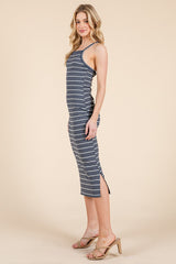 Heather Grey Navy Striped Crisscross Back Dress
