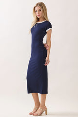 Navy Colorblock Trim Midi Dress