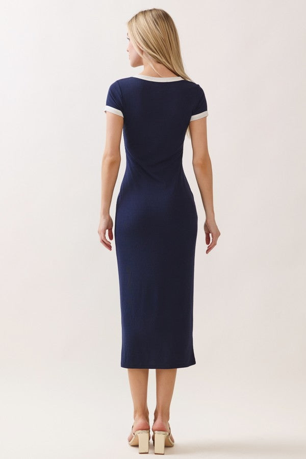 Navy Colorblock Trim Midi Dress