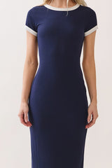 Navy Colorblock Trim Midi Dress