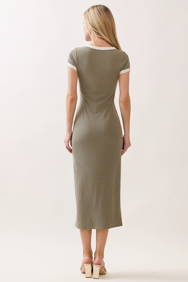 Faded Olive Colorblock Trim Midi Dress