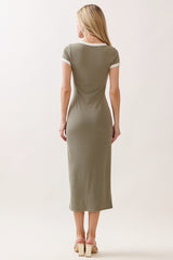 Faded Olive Colorblock Trim Midi Dress