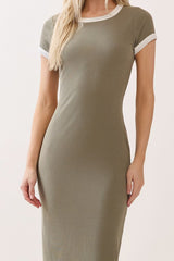 Faded Olive Colorblock Trim Midi Dress