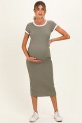 Faded Olive Colorblock Trim Maternity Midi Dress