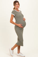 Faded Olive Colorblock Trim Maternity Midi Dress