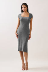 Light Charcoal Square Neck Side Slit Midi Dress