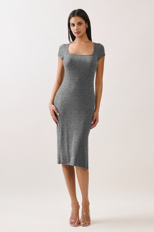 Light Charcoal Square Neck Side Slit Midi Dress