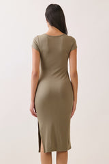 Faded Olive Square Neck Side Slit Midi Dress