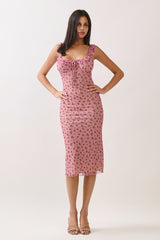 Smoke Rose Mesh Front Tie Midi Dress