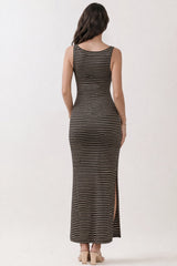 Black Beige Sleeveless Striped Maxi Dress