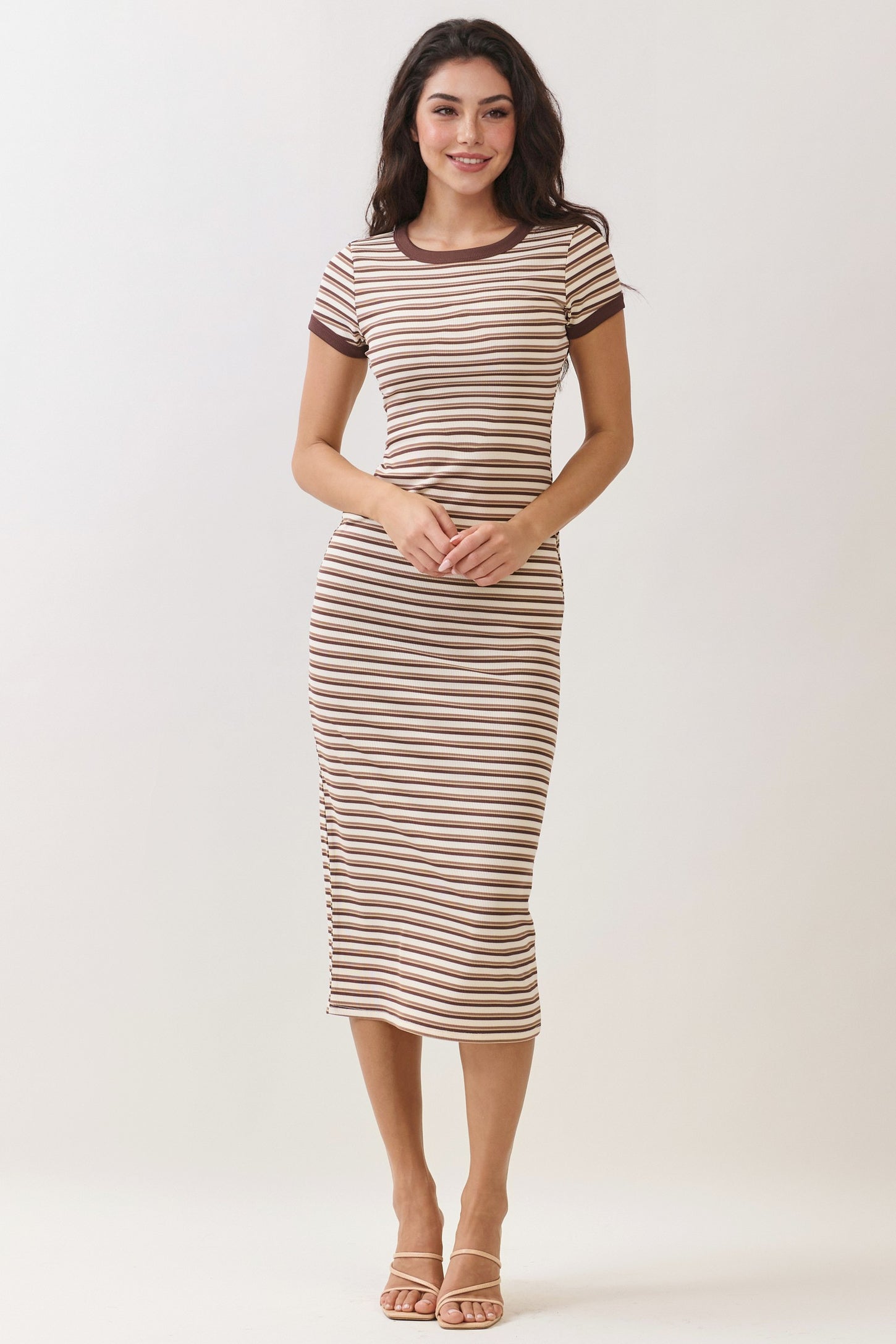 Ecru Striped Solid Trim Maternity Midi Dress