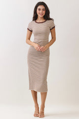 Ecru Striped Solid Trim Maternity Midi Dress
