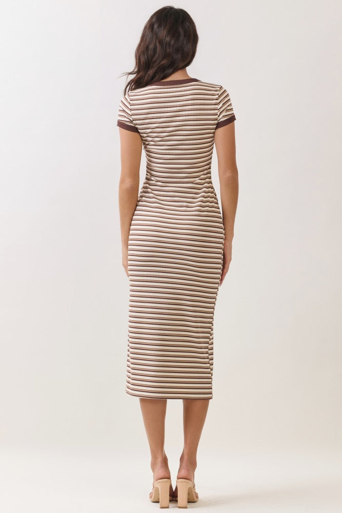 woman wearing a brown and cream striped midi dress with short sleeves, viewed from the back