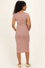 Light Pink Striped Henley Maternity Midi Dress
