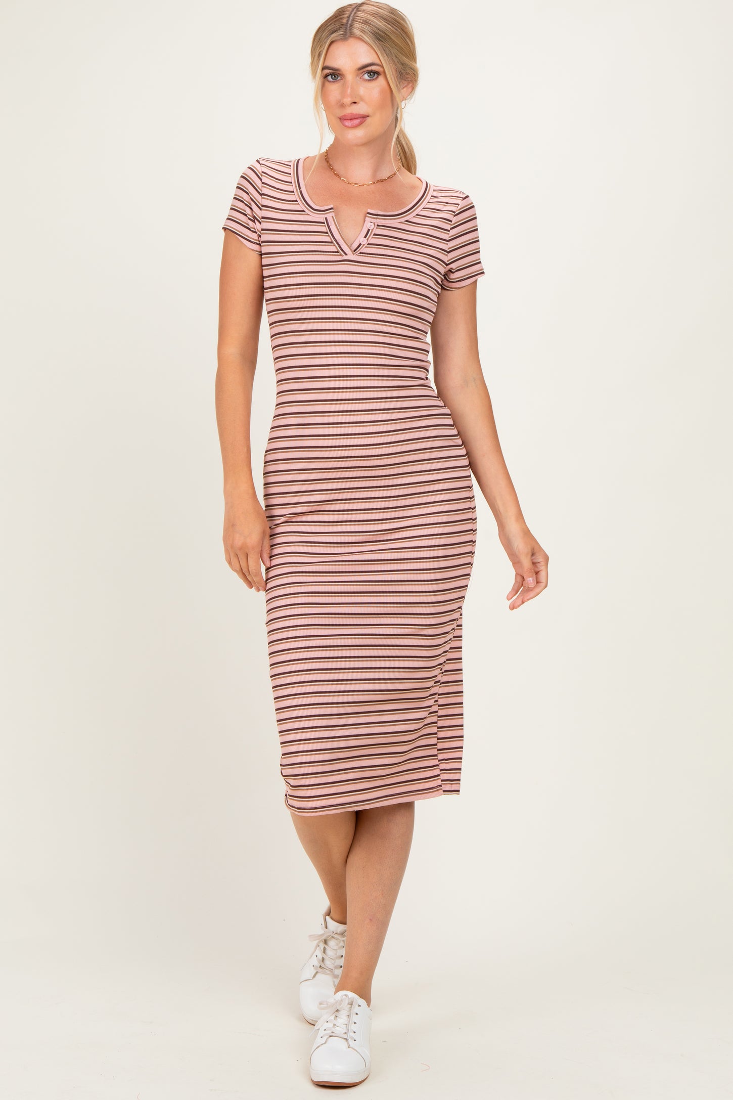 Light Pink Striped Henley Midi Dress