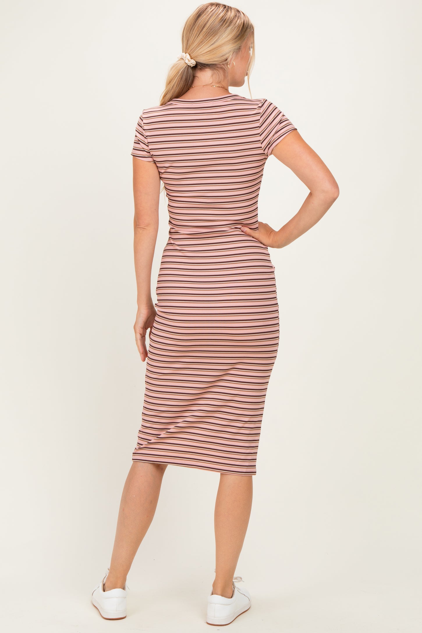 Light Pink Striped Henley Midi Dress