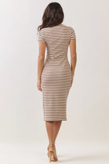 Ecru Striped Henley Midi Dress