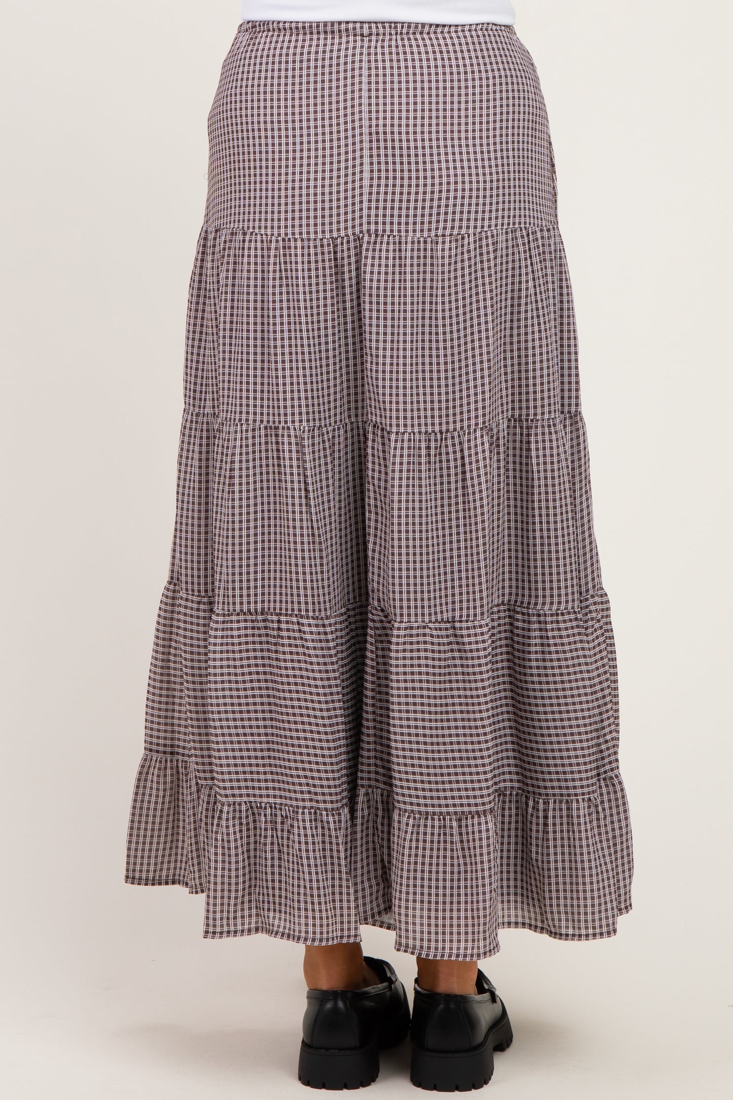 Brown Plaid Drawstring Tiered Maternity Midi Skirt