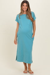 Dusty Teal Pocket Front Maternity Midi T-Shirt Dress