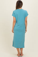 Dusty Teal Pocket Front Maternity Midi T-Shirt Dress