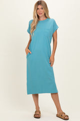 Dusty Teal Pocket Front Midi T-Shirt Dress