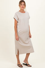 Sand Beige Pocket Front Maternity Midi T-Shirt Dress