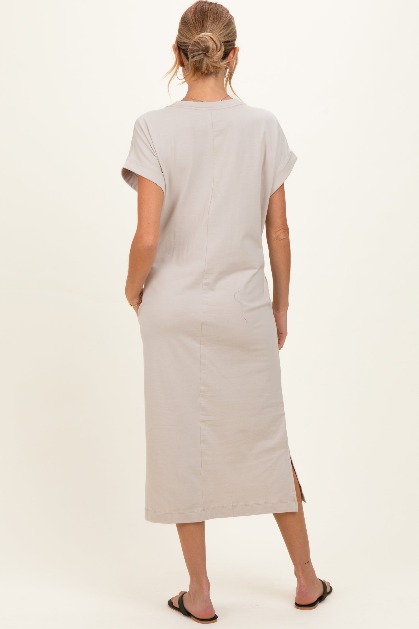 Sand Beige Pocket Front Maternity Midi T-Shirt Dress