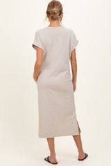 Sand Beige Pocket Front Maternity Midi T-Shirt Dress