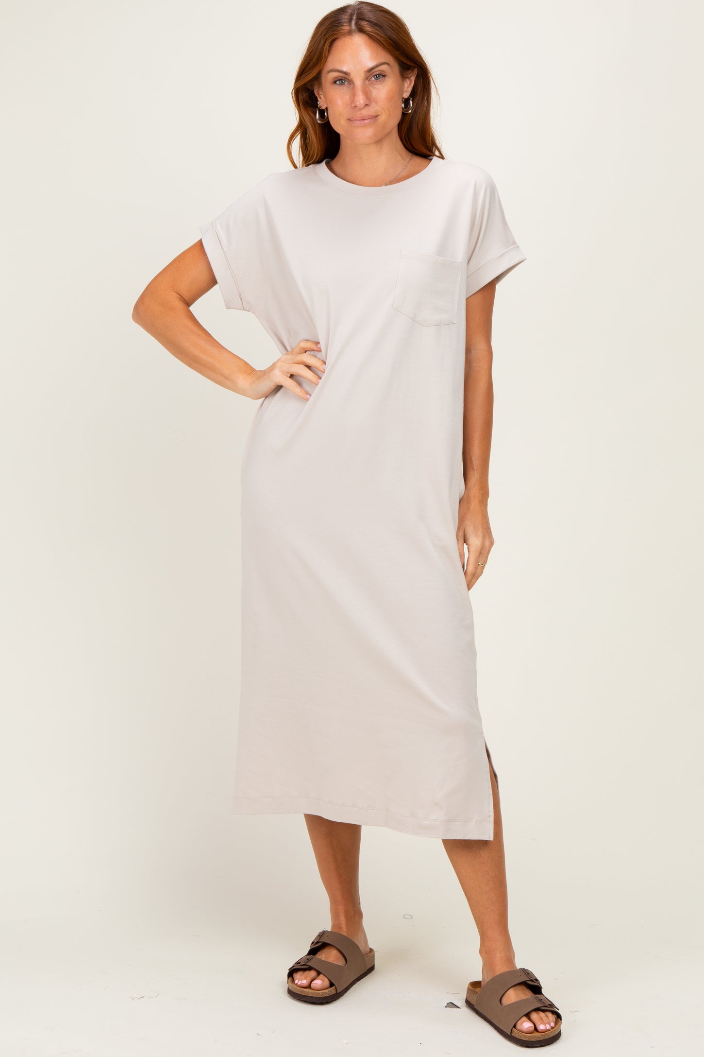 Sand Beige Pocket Front Maternity Midi T-Shirt Dress