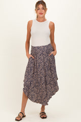 Purple Floral Smocked Waistband Round Hem Maternity Skirt
