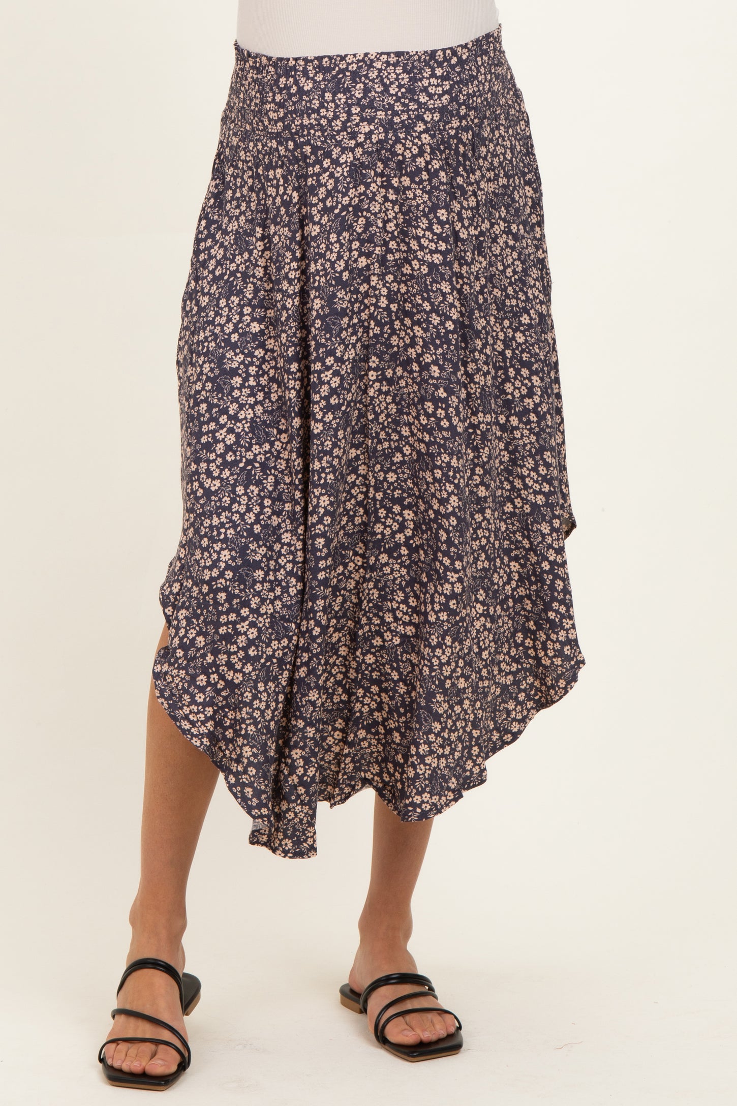 Purple Floral Smocked Waistband Round Hem Maternity Skirt