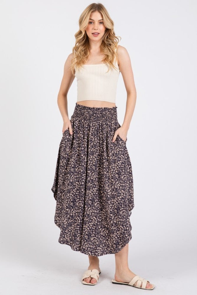 Purple Floral Smocked Waistband Round Hem Skirt