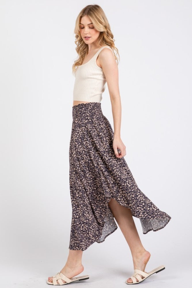 Purple Floral Smocked Waistband Round Hem Skirt