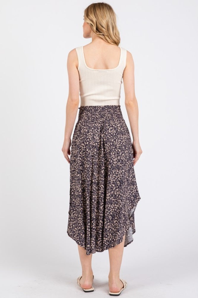 Purple Floral Smocked Waistband Round Hem Skirt
