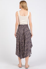 Purple Floral Smocked Waistband Round Hem Skirt
