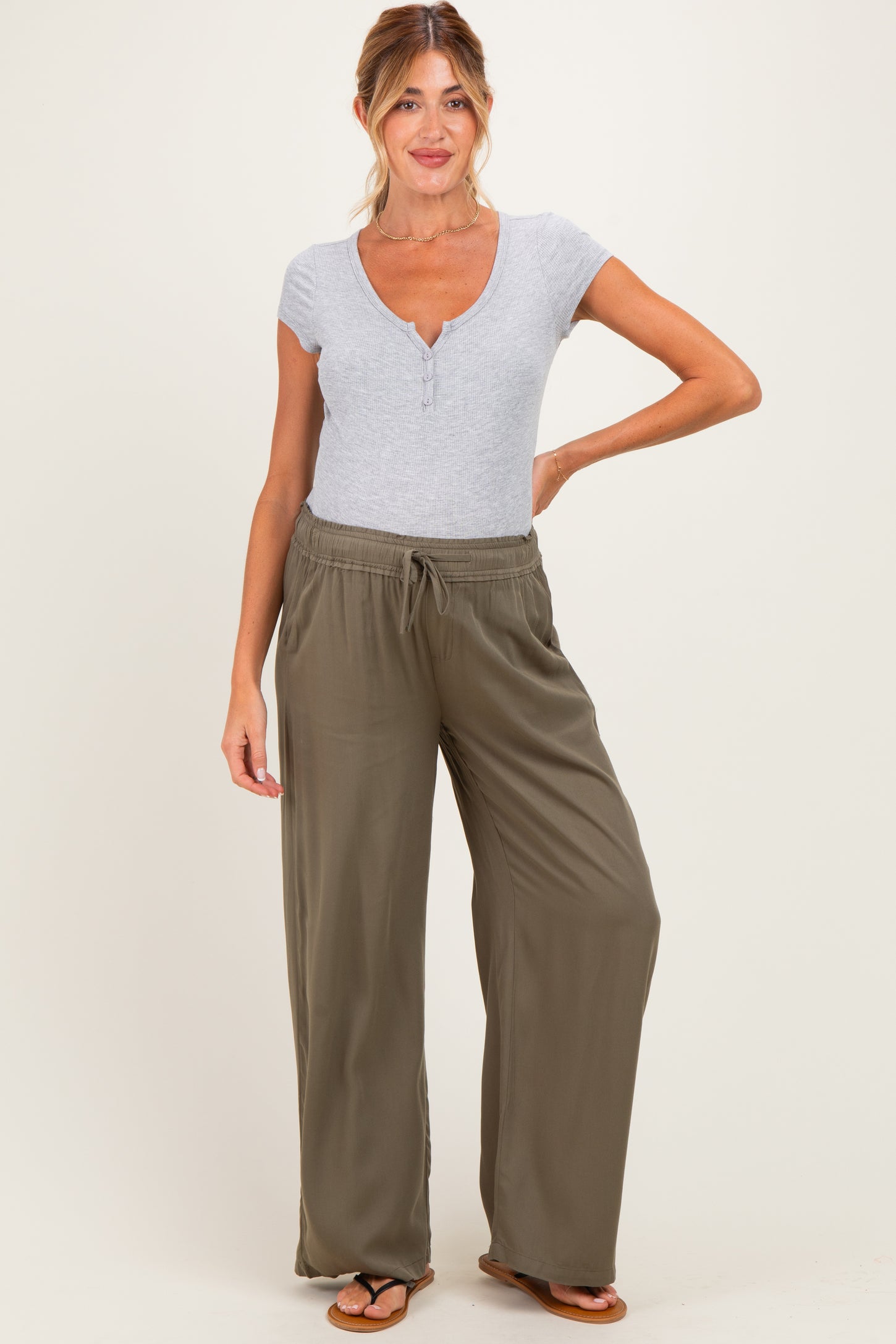 Olive Drawstring Waistband Maternity Pants