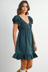 Dark Green Gingham Button Accent Mini Dress