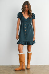 Dark Green Gingham Button Accent Mini Dress