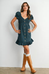 Dark Green Gingham Button Accent Mini Dress