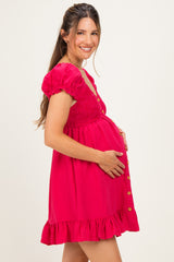 Fuchsia Gingham Button Accent Maternity Mini Dress