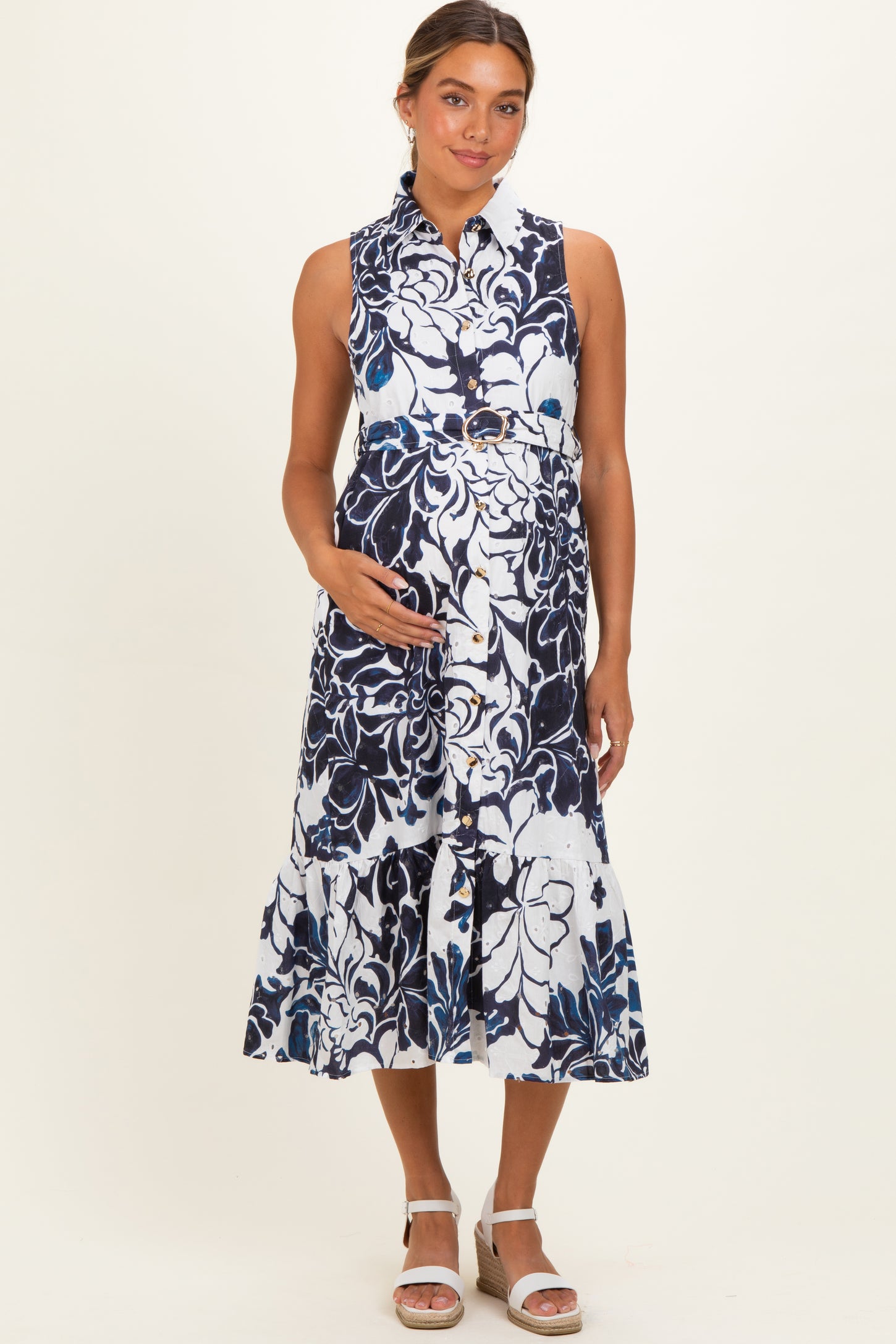 Navy Floral Belted Sleeveless Maternity Shirt Dress