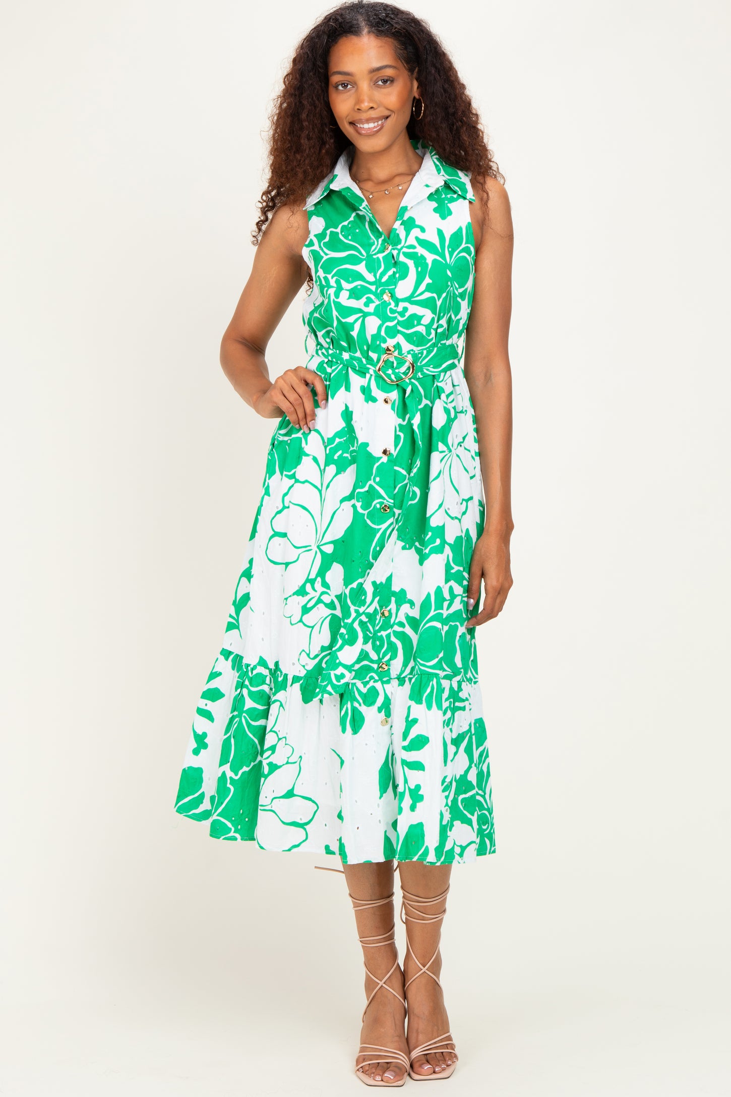 Green Floral Belted Sleeveless Maternity Shirt Dress