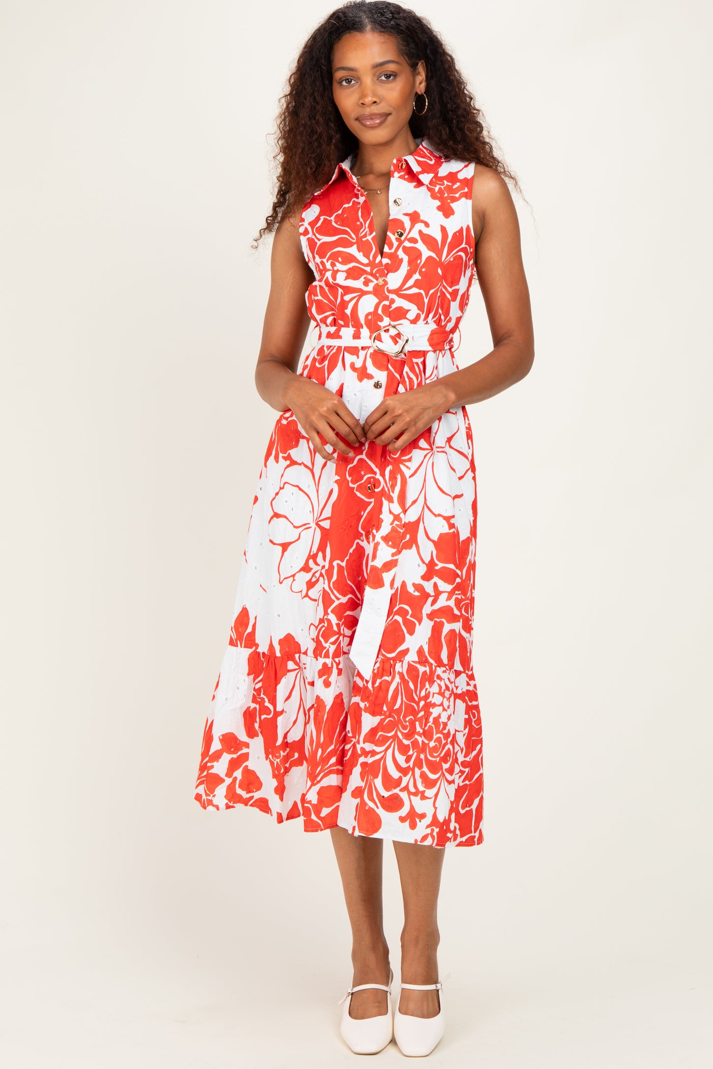 Red Floral Belted Sleeveless Maternity Shirt Dress