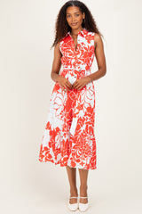 Red Floral Belted Sleeveless Maternity Shirt Dress