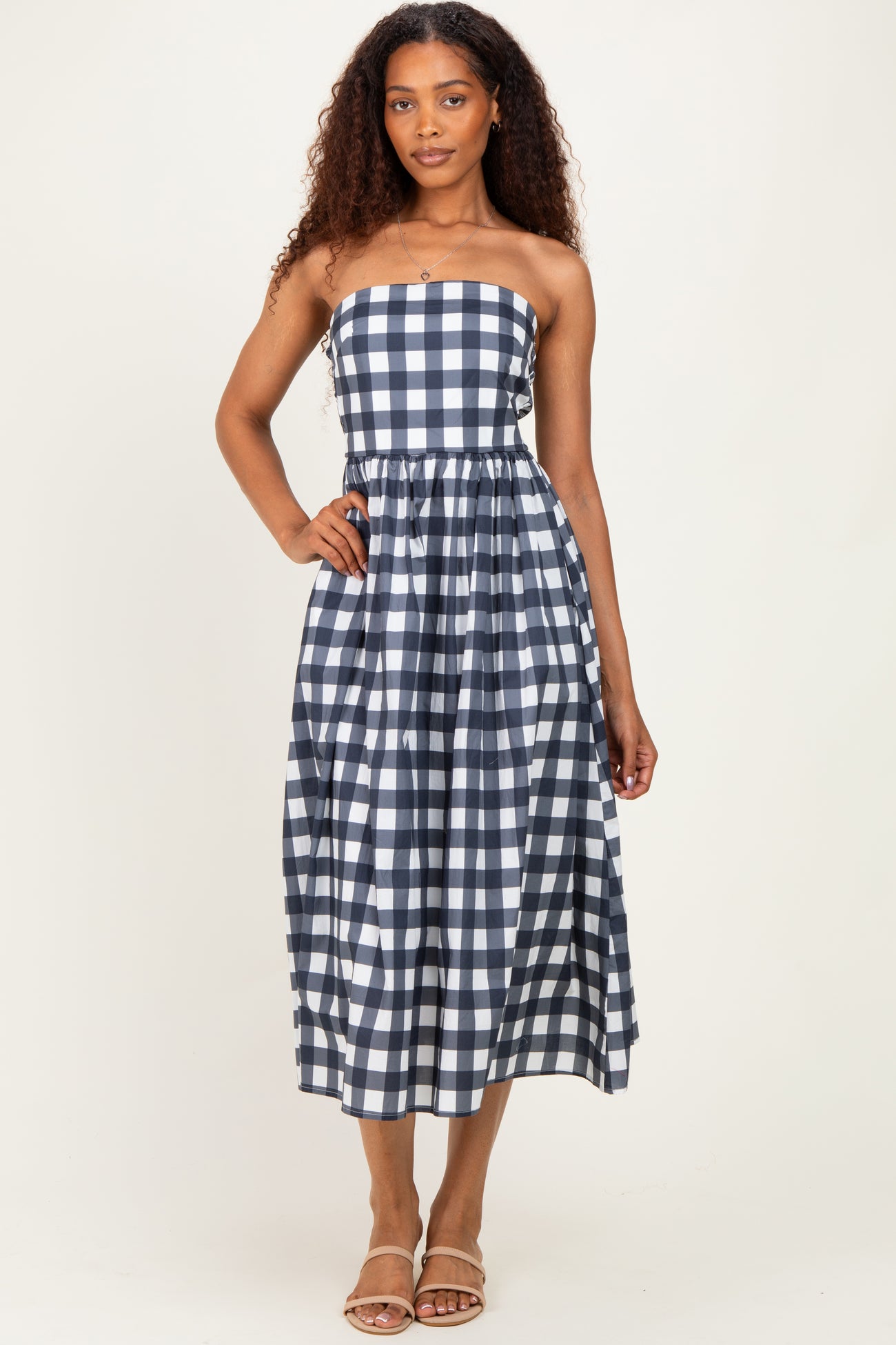 Navy Gingham Strapless Maternity Midi Dress