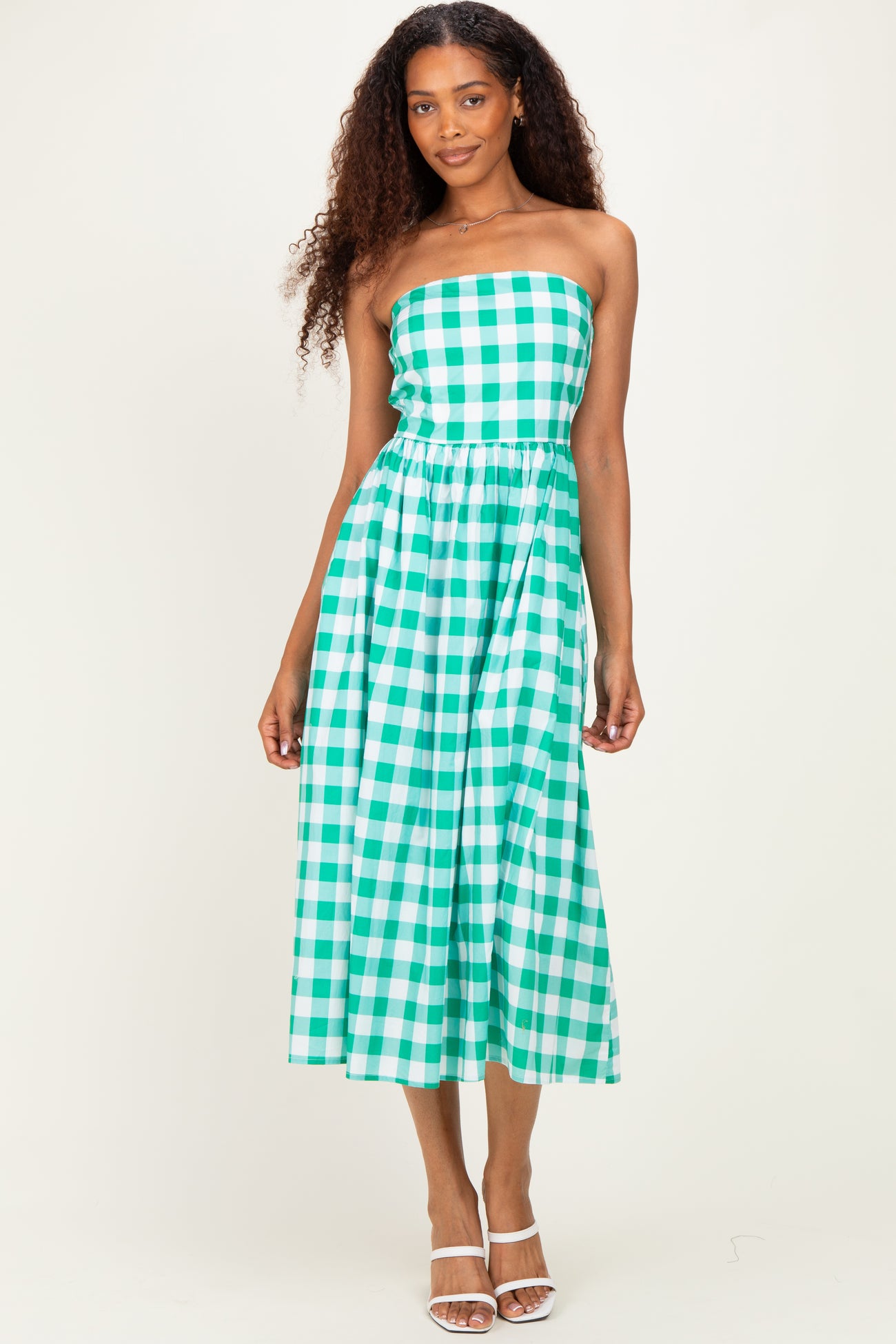 Green Gingham Strapless Maternity Midi Dress