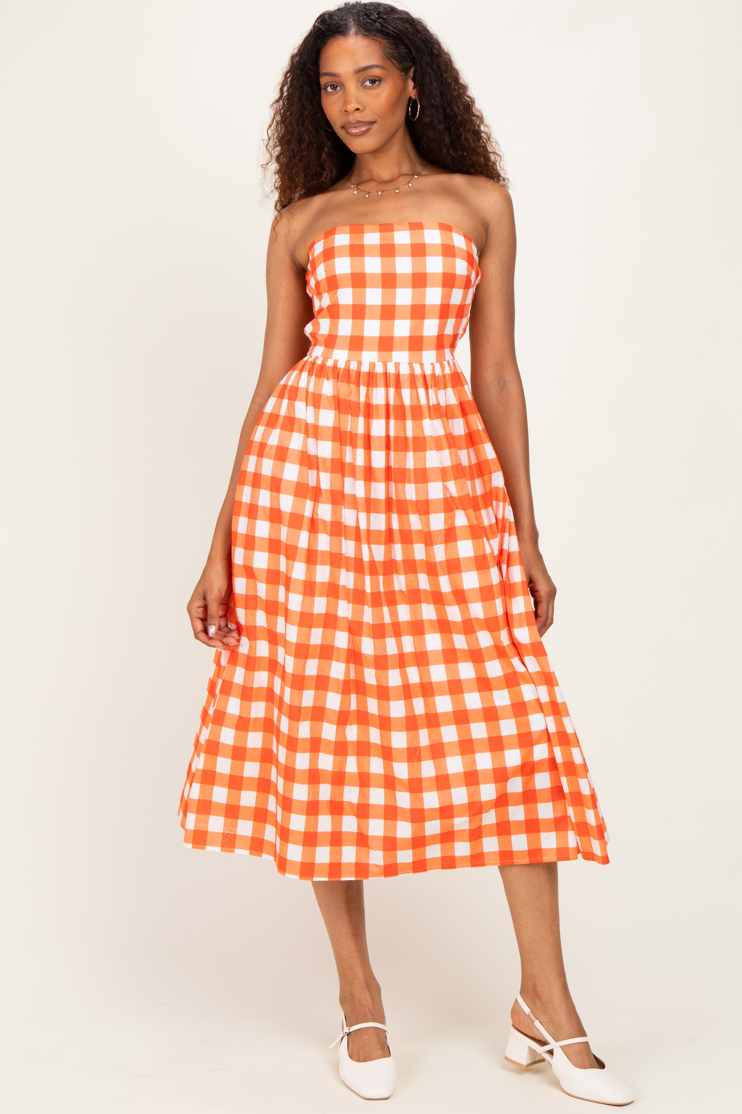 Orange Gingham Strapless Midi Dress
